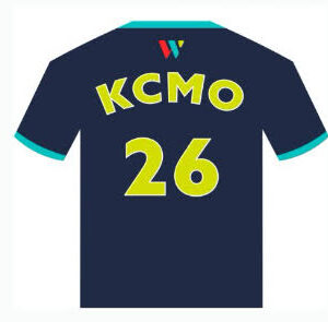 Waldo Soccer Jersey Pin 2026: Navy blue with "KCMO" and yellow number 26 on the back.
